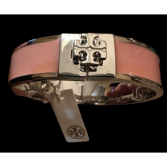 Tory Burch 18k Gold-Plated 10MM Kira Enamel Bracelet Powder Pink & Silver - Picture 1 of 2